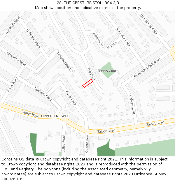 28, THE CREST, BRISTOL, BS4 3JB: Location map and indicative extent of plot