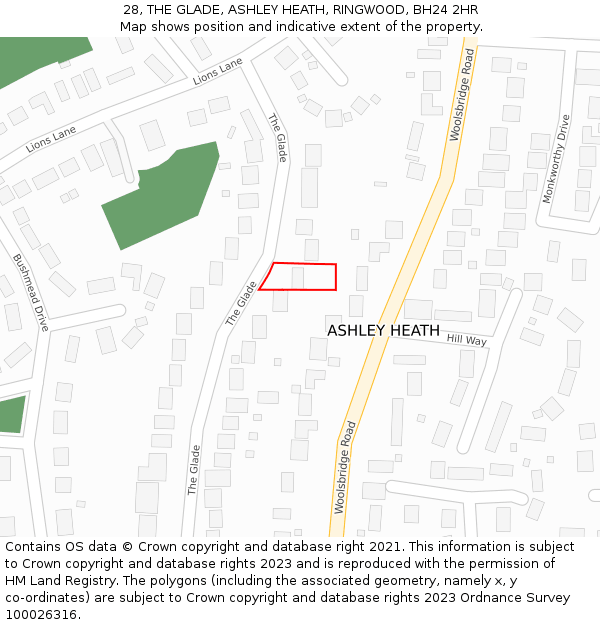 28, THE GLADE, ASHLEY HEATH, RINGWOOD, BH24 2HR: Location map and indicative extent of plot