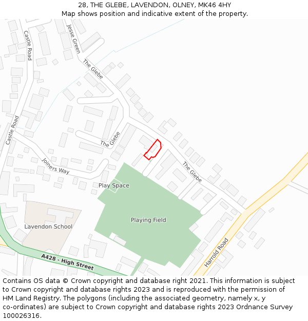 28, THE GLEBE, LAVENDON, OLNEY, MK46 4HY: Location map and indicative extent of plot