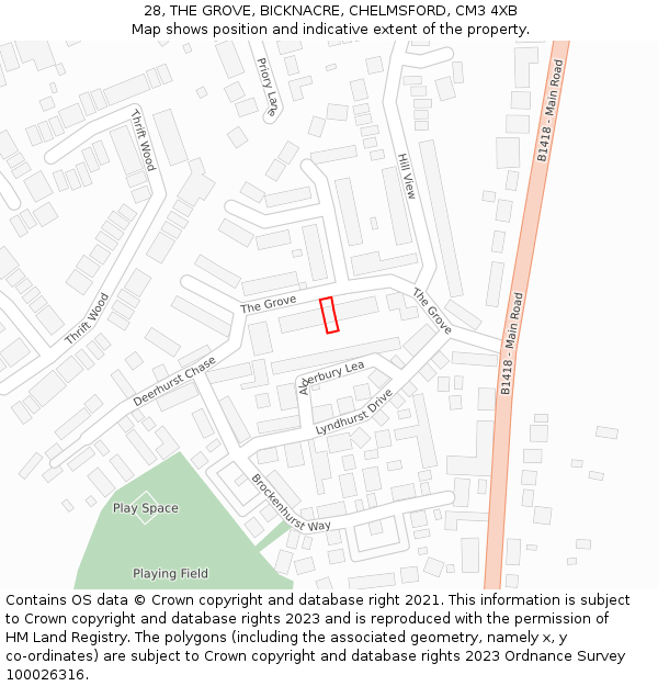 28, THE GROVE, BICKNACRE, CHELMSFORD, CM3 4XB: Location map and indicative extent of plot