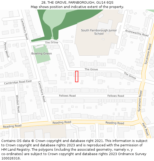 28, THE GROVE, FARNBOROUGH, GU14 6QS: Location map and indicative extent of plot