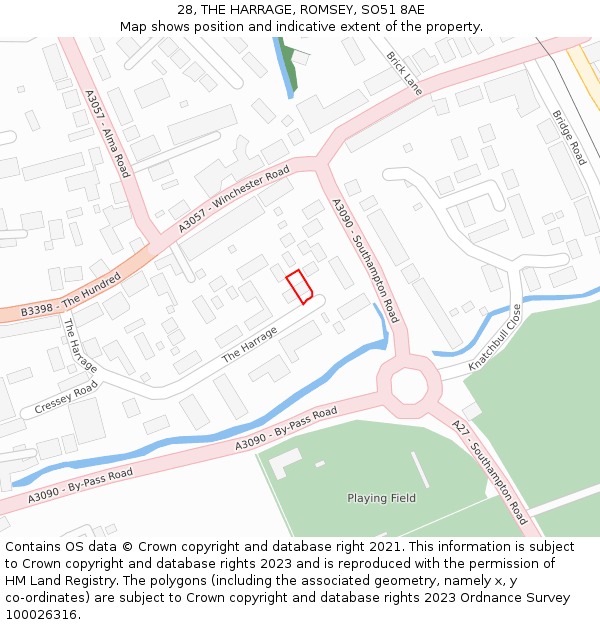 28, THE HARRAGE, ROMSEY, SO51 8AE: Location map and indicative extent of plot