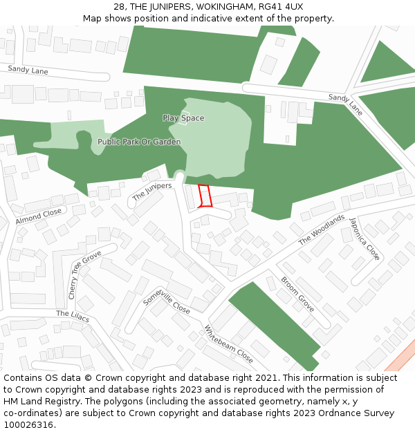 28, THE JUNIPERS, WOKINGHAM, RG41 4UX: Location map and indicative extent of plot