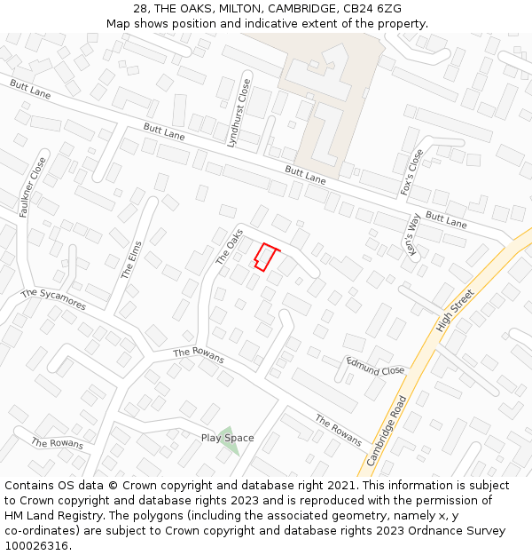 28, THE OAKS, MILTON, CAMBRIDGE, CB24 6ZG: Location map and indicative extent of plot