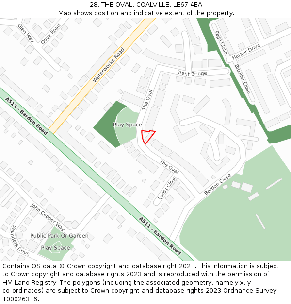 28, THE OVAL, COALVILLE, LE67 4EA: Location map and indicative extent of plot