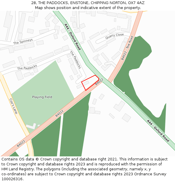 28, THE PADDOCKS, ENSTONE, CHIPPING NORTON, OX7 4AZ: Location map and indicative extent of plot