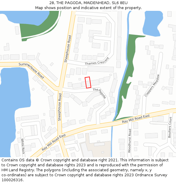 28, THE PAGODA, MAIDENHEAD, SL6 8EU: Location map and indicative extent of plot