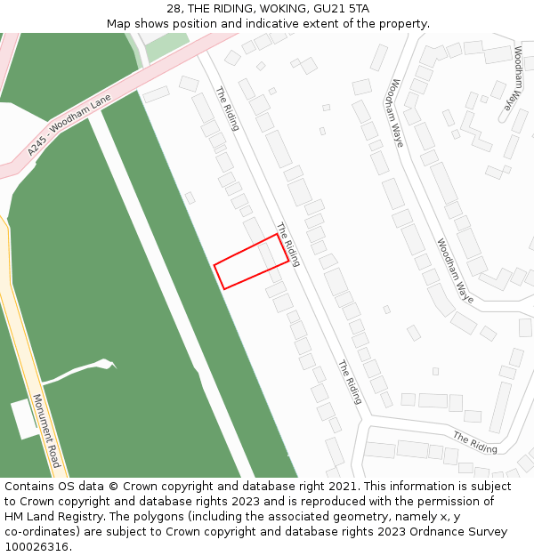 28, THE RIDING, WOKING, GU21 5TA: Location map and indicative extent of plot