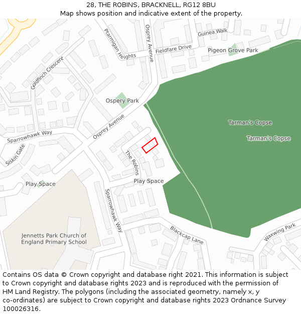 28, THE ROBINS, BRACKNELL, RG12 8BU: Location map and indicative extent of plot