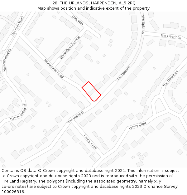 28, THE UPLANDS, HARPENDEN, AL5 2PQ: Location map and indicative extent of plot