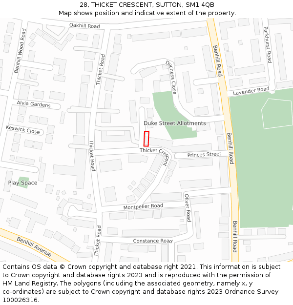 28, THICKET CRESCENT, SUTTON, SM1 4QB: Location map and indicative extent of plot