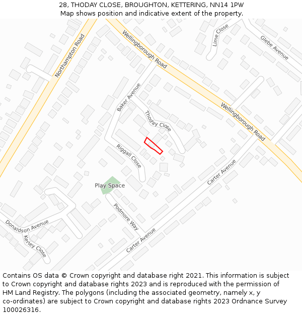 28, THODAY CLOSE, BROUGHTON, KETTERING, NN14 1PW: Location map and indicative extent of plot