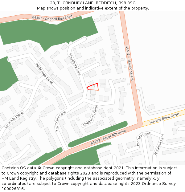 28, THORNBURY LANE, REDDITCH, B98 8SG: Location map and indicative extent of plot