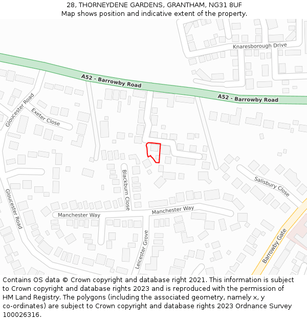 28, THORNEYDENE GARDENS, GRANTHAM, NG31 8UF: Location map and indicative extent of plot