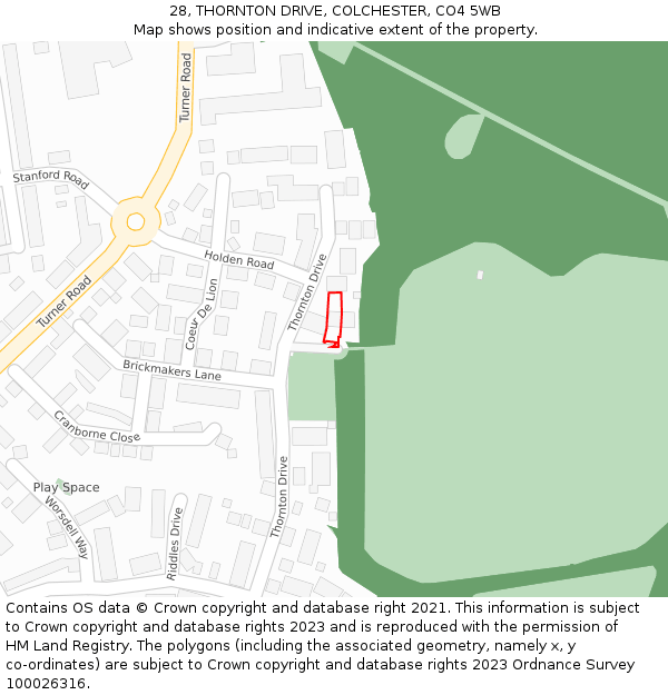 28, THORNTON DRIVE, COLCHESTER, CO4 5WB: Location map and indicative extent of plot