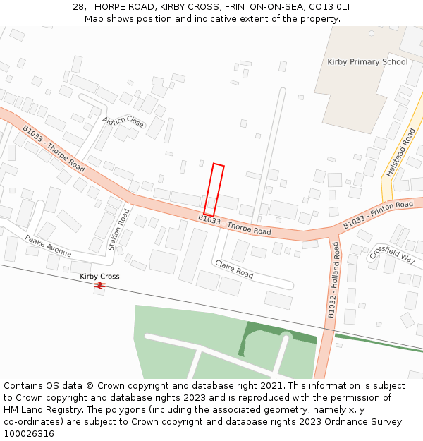 28, THORPE ROAD, KIRBY CROSS, FRINTON-ON-SEA, CO13 0LT: Location map and indicative extent of plot