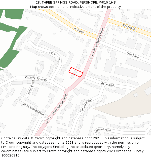 28, THREE SPRINGS ROAD, PERSHORE, WR10 1HS: Location map and indicative extent of plot