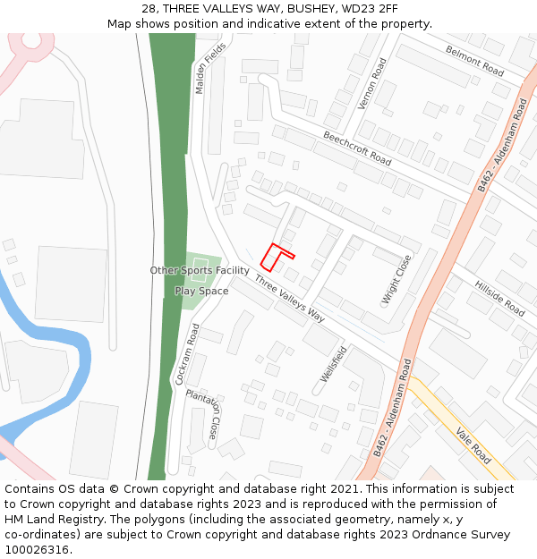 28, THREE VALLEYS WAY, BUSHEY, WD23 2FF: Location map and indicative extent of plot