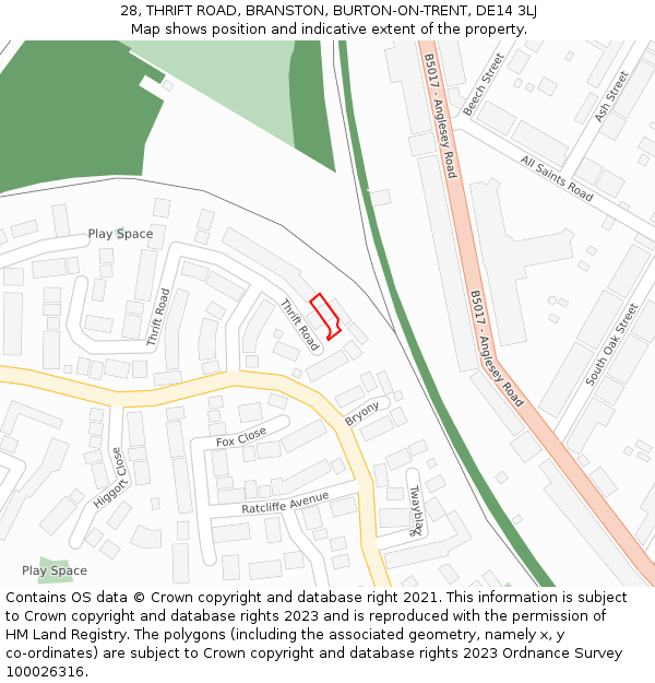 28, THRIFT ROAD, BRANSTON, BURTON-ON-TRENT, DE14 3LJ: Location map and indicative extent of plot