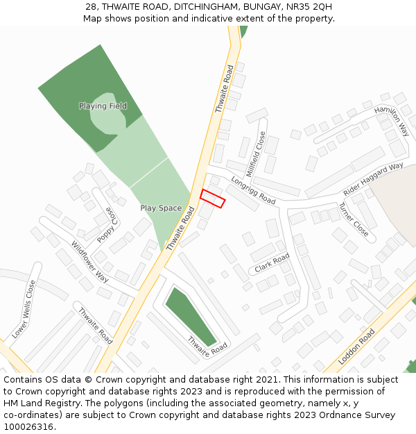 28, THWAITE ROAD, DITCHINGHAM, BUNGAY, NR35 2QH: Location map and indicative extent of plot