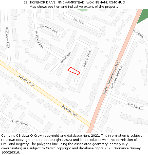 28, TICKENOR DRIVE, FINCHAMPSTEAD, WOKINGHAM, RG40 4UD: Location map and indicative extent of plot