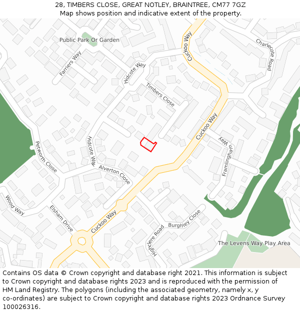 28, TIMBERS CLOSE, GREAT NOTLEY, BRAINTREE, CM77 7GZ: Location map and indicative extent of plot