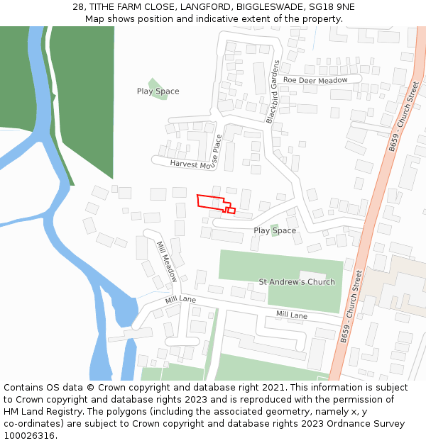 28, TITHE FARM CLOSE, LANGFORD, BIGGLESWADE, SG18 9NE: Location map and indicative extent of plot