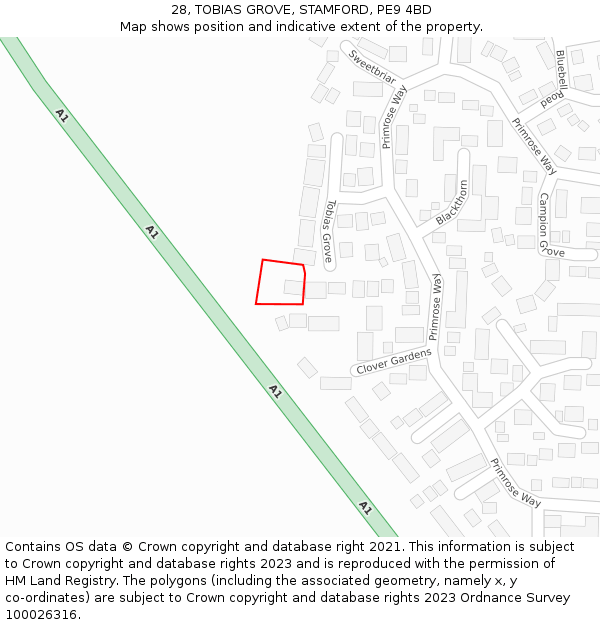 28, TOBIAS GROVE, STAMFORD, PE9 4BD: Location map and indicative extent of plot