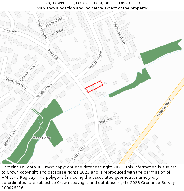 28, TOWN HILL, BROUGHTON, BRIGG, DN20 0HD: Location map and indicative extent of plot