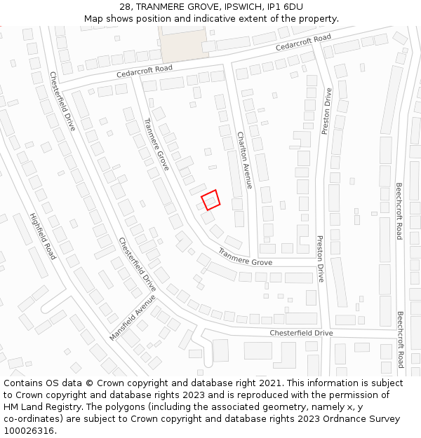 28, TRANMERE GROVE, IPSWICH, IP1 6DU: Location map and indicative extent of plot