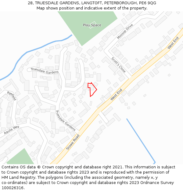 28, TRUESDALE GARDENS, LANGTOFT, PETERBOROUGH, PE6 9QG: Location map and indicative extent of plot