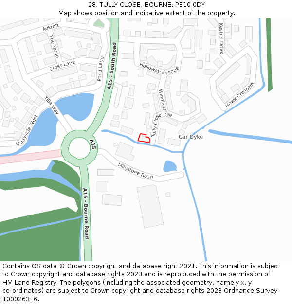 28, TULLY CLOSE, BOURNE, PE10 0DY: Location map and indicative extent of plot