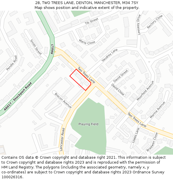 28, TWO TREES LANE, DENTON, MANCHESTER, M34 7SY: Location map and indicative extent of plot