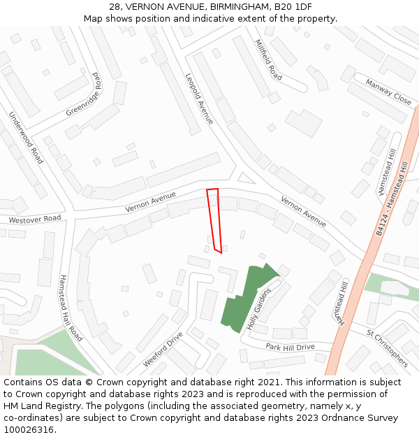 28, VERNON AVENUE, BIRMINGHAM, B20 1DF: Location map and indicative extent of plot