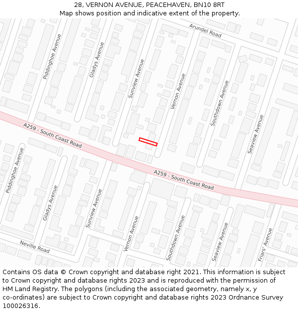 28, VERNON AVENUE, PEACEHAVEN, BN10 8RT: Location map and indicative extent of plot