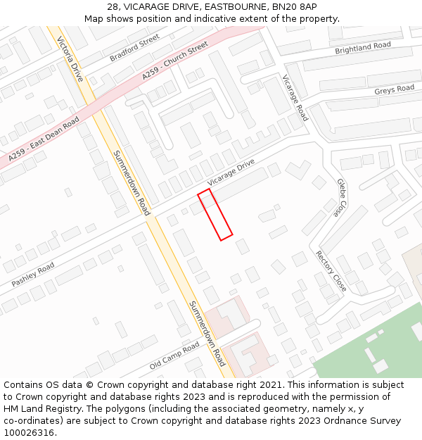 28, VICARAGE DRIVE, EASTBOURNE, BN20 8AP: Location map and indicative extent of plot