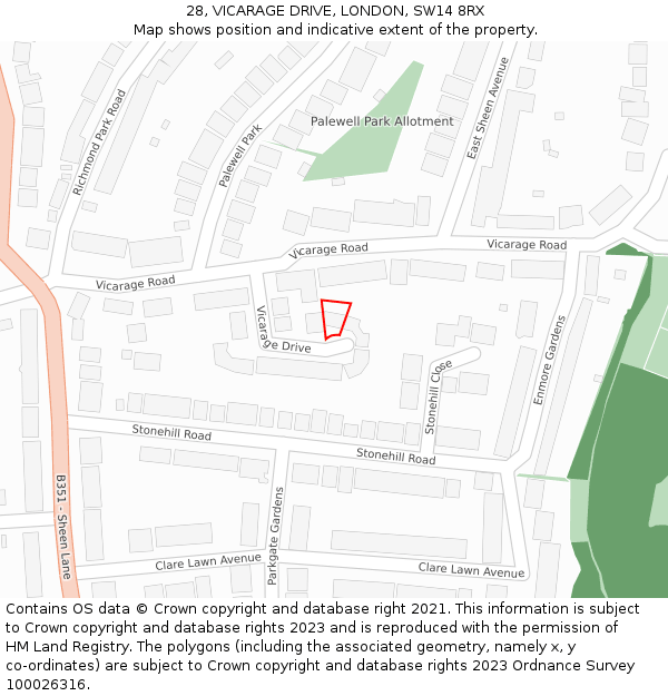 28, VICARAGE DRIVE, LONDON, SW14 8RX: Location map and indicative extent of plot