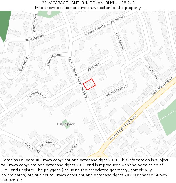 28, VICARAGE LANE, RHUDDLAN, RHYL, LL18 2UF: Location map and indicative extent of plot