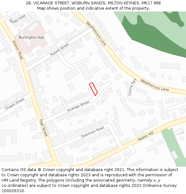 28, VICARAGE STREET, WOBURN SANDS, MILTON KEYNES, MK17 8RE: Location map and indicative extent of plot