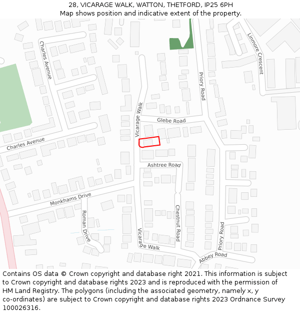 28, VICARAGE WALK, WATTON, THETFORD, IP25 6PH: Location map and indicative extent of plot