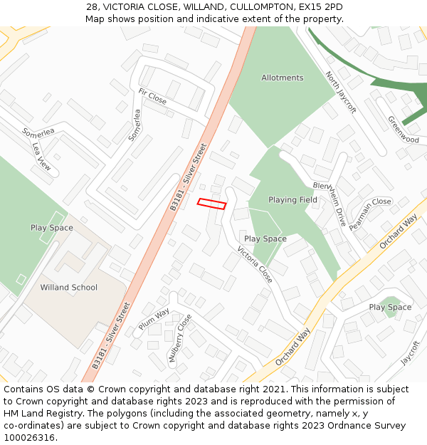 28, VICTORIA CLOSE, WILLAND, CULLOMPTON, EX15 2PD: Location map and indicative extent of plot
