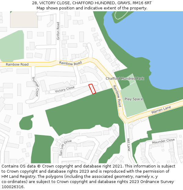 28, VICTORY CLOSE, CHAFFORD HUNDRED, GRAYS, RM16 6RT: Location map and indicative extent of plot