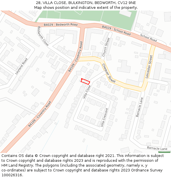 28, VILLA CLOSE, BULKINGTON, BEDWORTH, CV12 9NE: Location map and indicative extent of plot