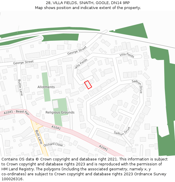 28, VILLA FIELDS, SNAITH, GOOLE, DN14 9RP: Location map and indicative extent of plot