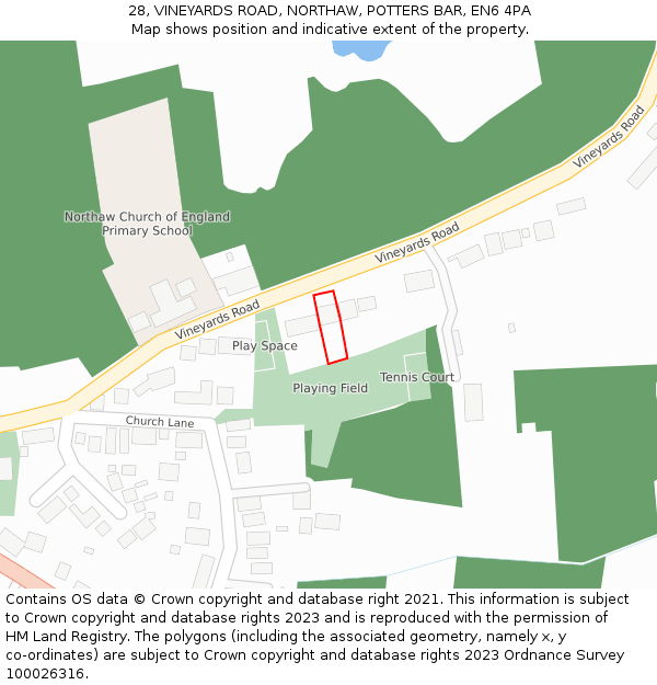 28, VINEYARDS ROAD, NORTHAW, POTTERS BAR, EN6 4PA: Location map and indicative extent of plot