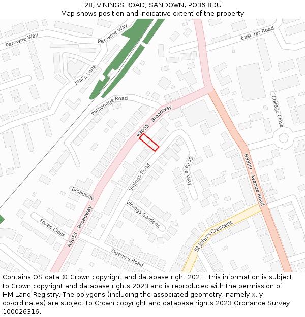 28, VININGS ROAD, SANDOWN, PO36 8DU: Location map and indicative extent of plot