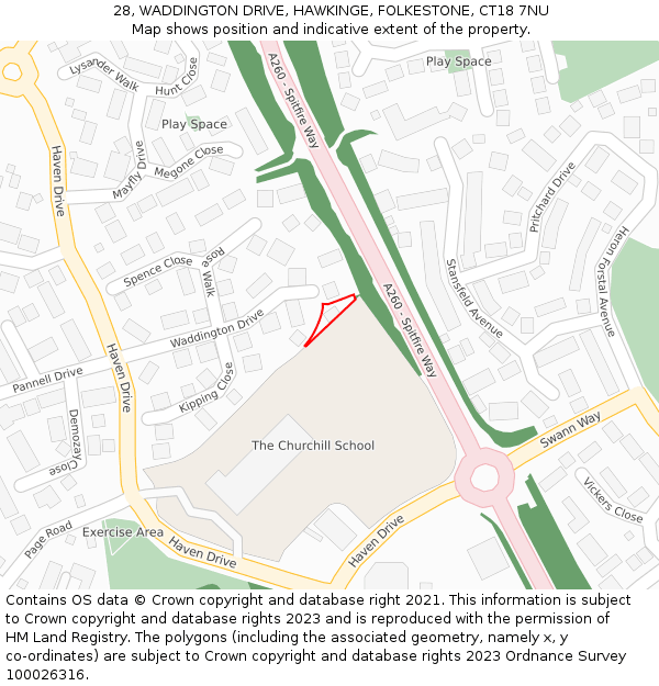 28, WADDINGTON DRIVE, HAWKINGE, FOLKESTONE, CT18 7NU: Location map and indicative extent of plot