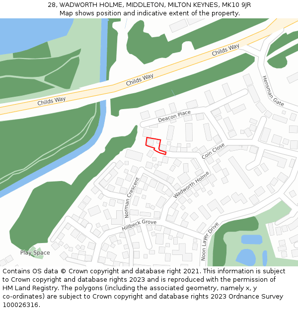 28, WADWORTH HOLME, MIDDLETON, MILTON KEYNES, MK10 9JR: Location map and indicative extent of plot