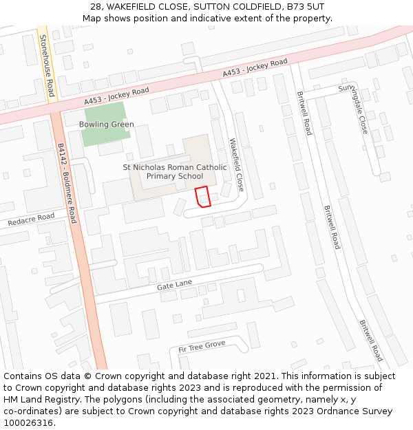 28, WAKEFIELD CLOSE, SUTTON COLDFIELD, B73 5UT: Location map and indicative extent of plot