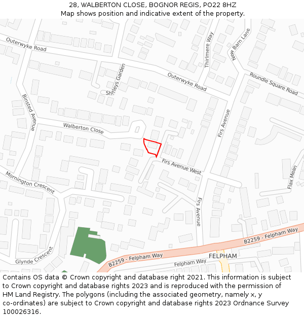 28, WALBERTON CLOSE, BOGNOR REGIS, PO22 8HZ: Location map and indicative extent of plot